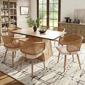 6er Set Esszimmerstühle Küchenstuhl bequem Polsterstuhl mit Rattan-Rückenlehne - Bild 1 von 13