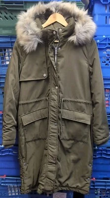 Peacocks Longline Dark Green Faux Fur Lined Hooded Parka Jacket, Size 14, New - Image 1 of 3