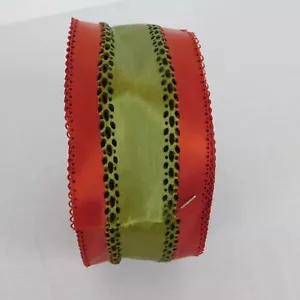 Red Green Stripe Cutout 2.5" Wide Crisp Satin Feel Ribbon Spool Christmas FLAW - Picture 1 of 6