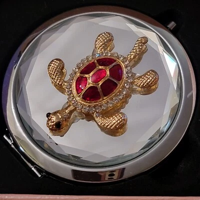 Bejeweled Crystals Folding Compact Purse Mirror Beveled Glass Turtle Red & Gold - Image 1 of 4