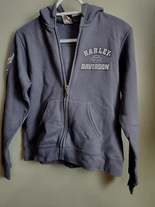 Sudadera con capucha Harley Davidson gris cremallera completa forrada de lana talla S para mujer usada en excelente estado - Imagen 1 de 6