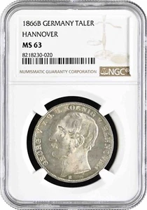 Hannover 1 vereinsthaler 1866 B, NGC MS63, "King George V (1851 - 1866)" - Picture 1 of 4