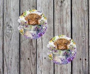 HIGHLAND COW SUNFLOWER FLORAL Car Coasters 2 Pack Absorbent 2.75 In Cup Holder - Picture 1 of 1
