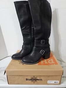 RUFF HEWN BLACK MADDOCK BOOTS BLOCK HEEL FAUX LEATHER KNEE HIGH ZIP CLOSURE 7 - Picture 1 of 18