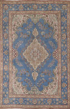 Over-Dyed Blue Wool Hand-Knotted Tebriz Traditional Vintage Rug Area Carpet 7x10
