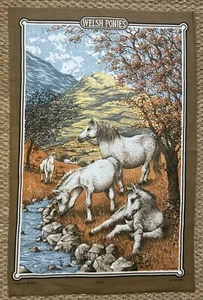 VINTAGE 1980s WELSH PONIES Clive Mayor cotton tea towel souvenir UK UNUSED - Picture 1 of 8