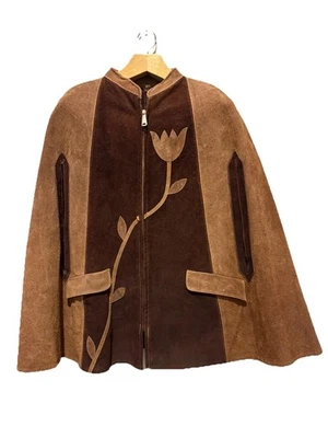 Vintage 60s Raw Suede Poncho Jacket M Flower Design Boho Festival Retro Warm - Image 1 of 4
