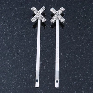 2 Rhodium Plated Clear Crystal 'Cross' Hair Grips/ Slides - 55mm Across - Picture 1 of 4