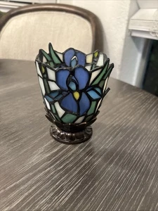 Vintage Partylite Tiffany Stil Blaue Iris Buntglas Windlicht Teekerzenhalter - Bild 1 von 8