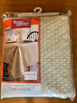 Mantel de vinilo redondo Better Homes And Garden beige con estampado de canasta tejido 70" nuevo en paquete Foto 1 de 4