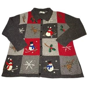 Vintage Victoria Jones Weihnachts Strickjacke Pullover Damen 1X grau rot verziert - Bild 1 von 11