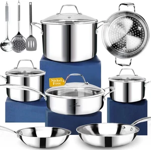 HOMICHEF 14-Piece Nickel Free Stainless Steel Cookware Set Whole-Clad 3-Ply -... - Picture 1 of 12