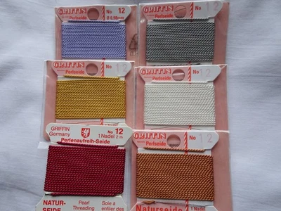 SEIS tarjetas Griffin 100 % cuerdas de hilo de seda con aguja tamaño 12 varios colores G130 DNG Foto 1 de 2