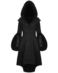 Dark In Love Womens Gothic Hooded Coat Jacket Black Steampunk Victorian Faux Fur - Picture 1 of 13
