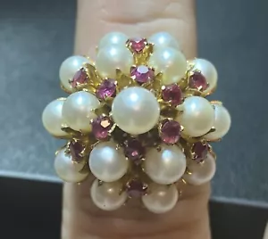 10K Rose Gold, Antique, Unique Seed Pearls, and Rubies Massive Ring, Size 5. - Picture 1 of 11
