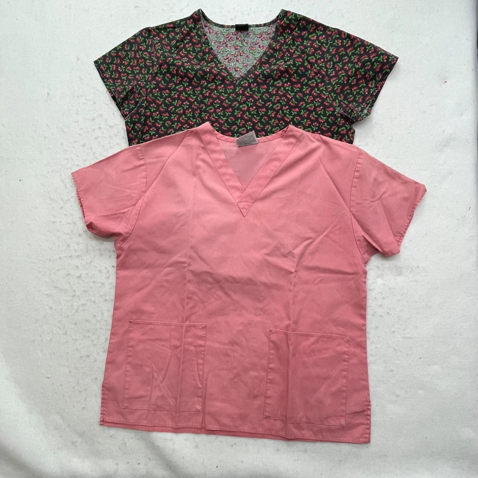 Lote de 2 Blusa Médica Crest/Medgear Ropa de Trabajo Mujer Grande Rosa/Negro Manga Corta Foto 1 de 4