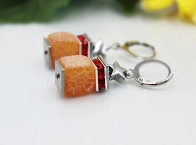 Würfelohrringe Ohrhänger Würfel Perlen Achat Orange Strass Edelstahl #L092 - Bild 1 von 4