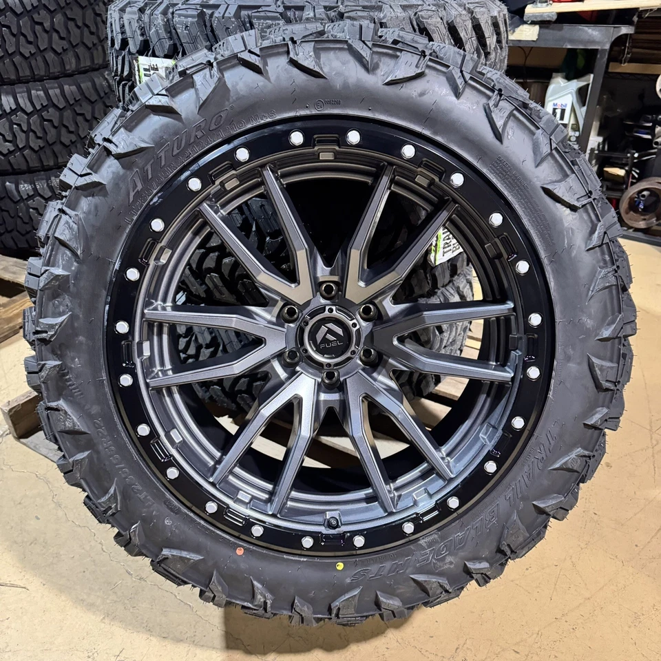 22x10 Fuel D680 Rebel Gray Wheels 28555R22 MT Tires 6x5.5 GMC Sierra 1500 Yukon - Image 1 of 4