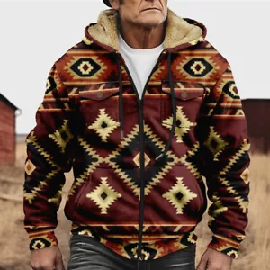 Men's Folk Graphic Winter Fleece Lined Hoodie Sweater Retro Zip Jacket - Picture 1 of 15