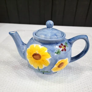 VTG Ceramic Artsy Tea Pot Floral Decor Blue Sunflowers Cottage Coastal Grandma - Picture 1 of 14