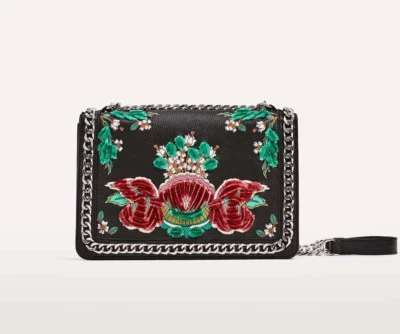 ZARA BLACK EMBROIDERED LEATHER CROSS BODY BAG CHAIN HANDBAG AW17 TAGS - Image 1 of 4