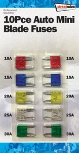 10 fusibili mini lama auto moto e roulotte = 10 A, 15 A, 20 A, 25 A, 30 A - Foto 1 di 2