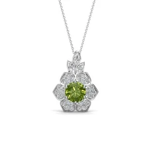 Peridot & Diamond Floral Halo Pendant Necklace 5/8 ctw 14K Gold JP:266067 - Picture 1 of 16