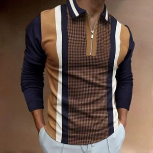 Polo Shirts Men Zipper Collar Brown Black Color Block Stripe Long Sleeve Fashion - Picture 1 of 1