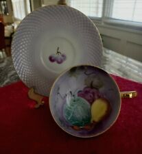 VINTAGE LEFTON HAND PAINTED LILAC FOOTED CUP & SAUCER #20327 FLOWERS & GOLD RIM