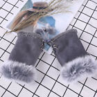 Women's Faux Suede Rabbit Fur Hand Wrist Warmer Fingerless Winter Lined Gloves 