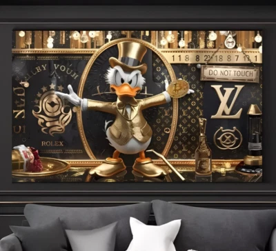 XL LEINWAND BILD 135x80x5cm DAGOBERT-DUCK MONEY POP-ART WANDBILD LUXUS LOFT NEU - Bild 1 von 2