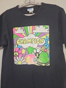 Champion T-Shirt Psychedelic Men's Size Medium Mushrooms Rainbows Black Vintage - Imagen 1 de 7