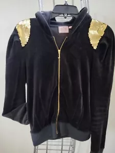 Juicy Couture Black Zippered Hoodie Gold Sequined Shoulders Size M - Picture 1 of 5