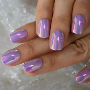 Holographic Press on Nails Pink Purple Metallic with glue unicorn chrome mirror - Picture 1 of 6