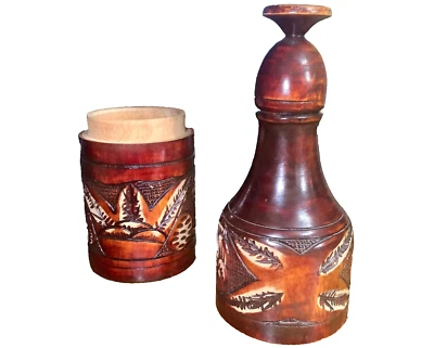 VINTAGE HAND-CARVED TWO-PIECE WOODEN TEAK WOOD WINE BOTTLE HOLDER DECANTER 16" - Image 1 of 4