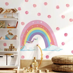 Pink Polka Dots & Unicorn Rainbows Wall Decal Self Adhesive for Girls Bedroom - Picture 1 of 7