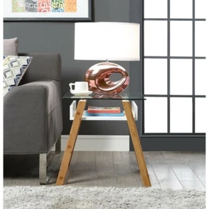 JENSEN Side End Table,Wood,Bamboo,Glass-White(55X55x50cm) -STB53 - Picture 1 of 5