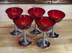 Set of 5+ Vintage Mid-Century Modern Glass Chromium Ruby Cocktail Glasses c.1939 - Picture 1 of 13