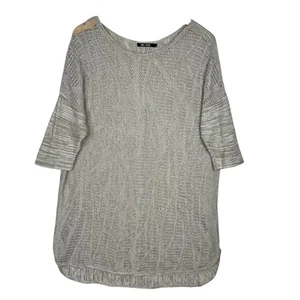 NIC+ZOE Linen Blend Open Knit Tunic Sweater Top Gray Dolman Sleeve L Loose Fit - Picture 1 of 14