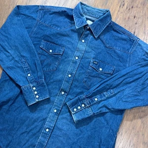 Vintage Wrangler Shirt Mens XXL Blue Denim Brushpopper Pearl Snap Western Wear - Picture 1 of 10