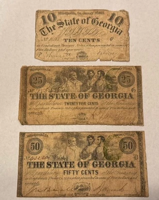 Milledgeville, Georgia Fractional Confederate Currency $.10 $.25 $.50 (E96) - Image 1 of 4