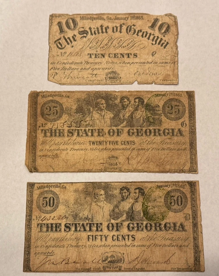 Milledgeville, Georgia Fractional Confederate Currency $.10 $.25 $.50 (E96) - Image 1 of 4