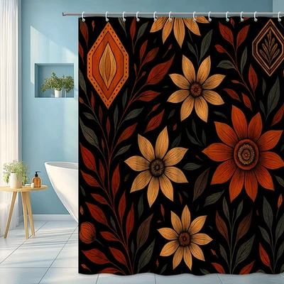 Cortina de ducha floral negra con flores naranjas y amarillas Foto 1 de 4