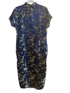 Chinese Vintage Style Silk Dress Sz XXL Blue Gold Floral Design Mandarin Collar - Picture 1 of 9