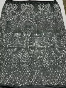 Triangle Sequin Fabric - Silver on Black Mesh - Geometric Design on Mesh By Yard - Picture 1 of 7