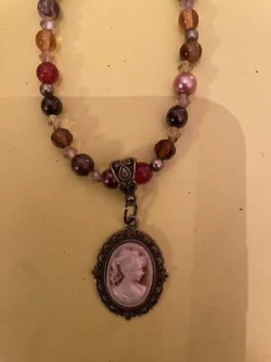Collar Retro Bronce Victoriano Filigrana Camafeo Colgante Topacio Cristal Perla Cuentas Foto 1 de 4