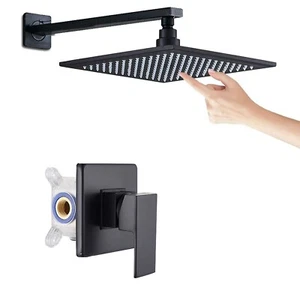 Matte Black Bathroom 8" Shower Faucet Combo Set Rainfall Head with Mixing Valve - Picture 1 of 8