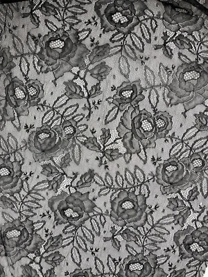 Black Lace Floral Fabric Roses Sold  By The Yard x 30" - Image 1 of 3