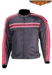 Men's Black Textile Motorcycle Biker Racer Red Striped Lightweight Jacket - Picture 1 of 5