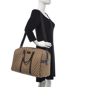 Gucci Large GG Logo Beige Canvas Brown Leather Carry on Bag Duffle Bag 610105 - Picture 1 of 12